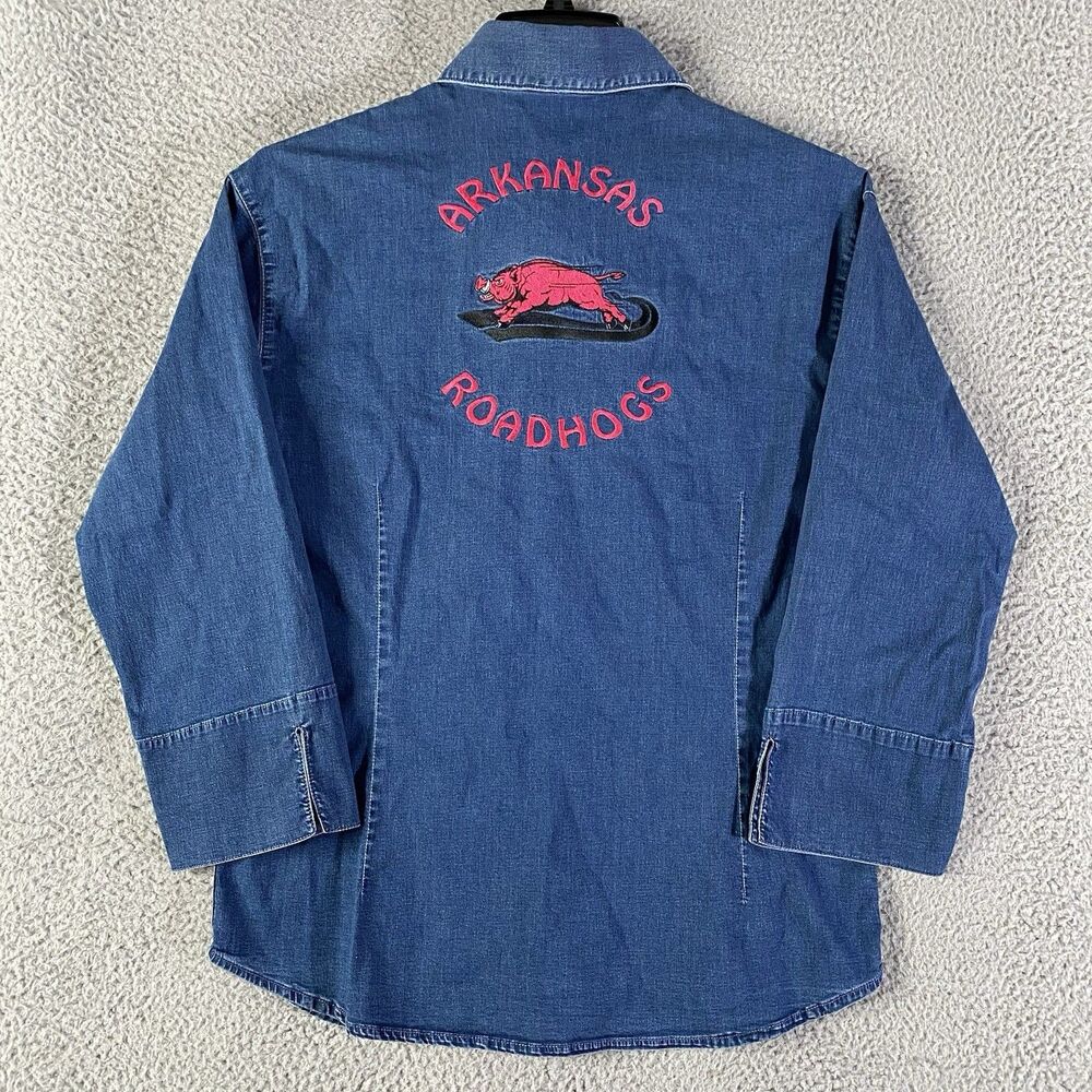 Vintage Arkansas Razorbacks Road Hogs Shirt Women Large Blue Denim Lee Button